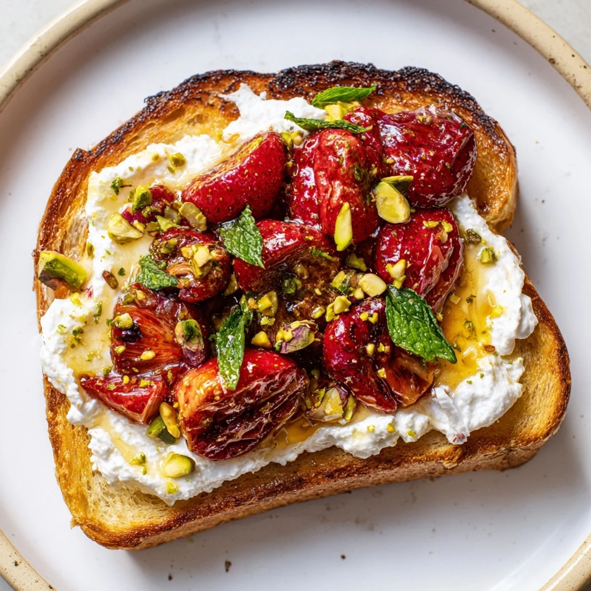 Creamy whipped ricotta spread on crispy bread topped with sweet roasted strawberry whipped ricotta toast