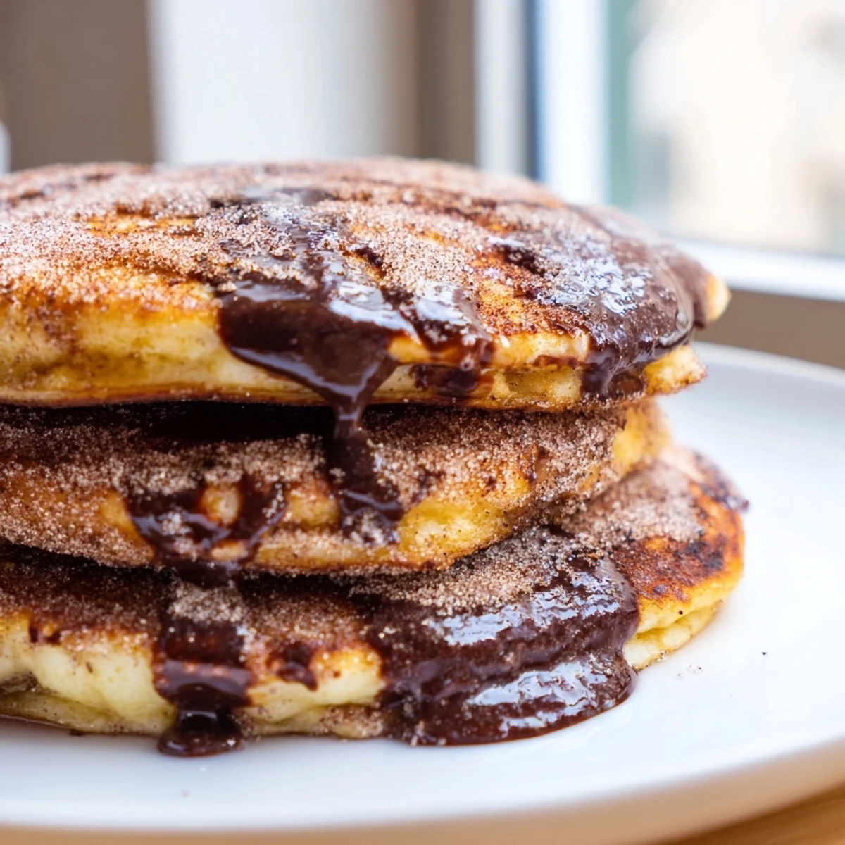 Fluffy Spanish Churro Pancakes dusted with cinnamon sugar ready for chocolate dipping