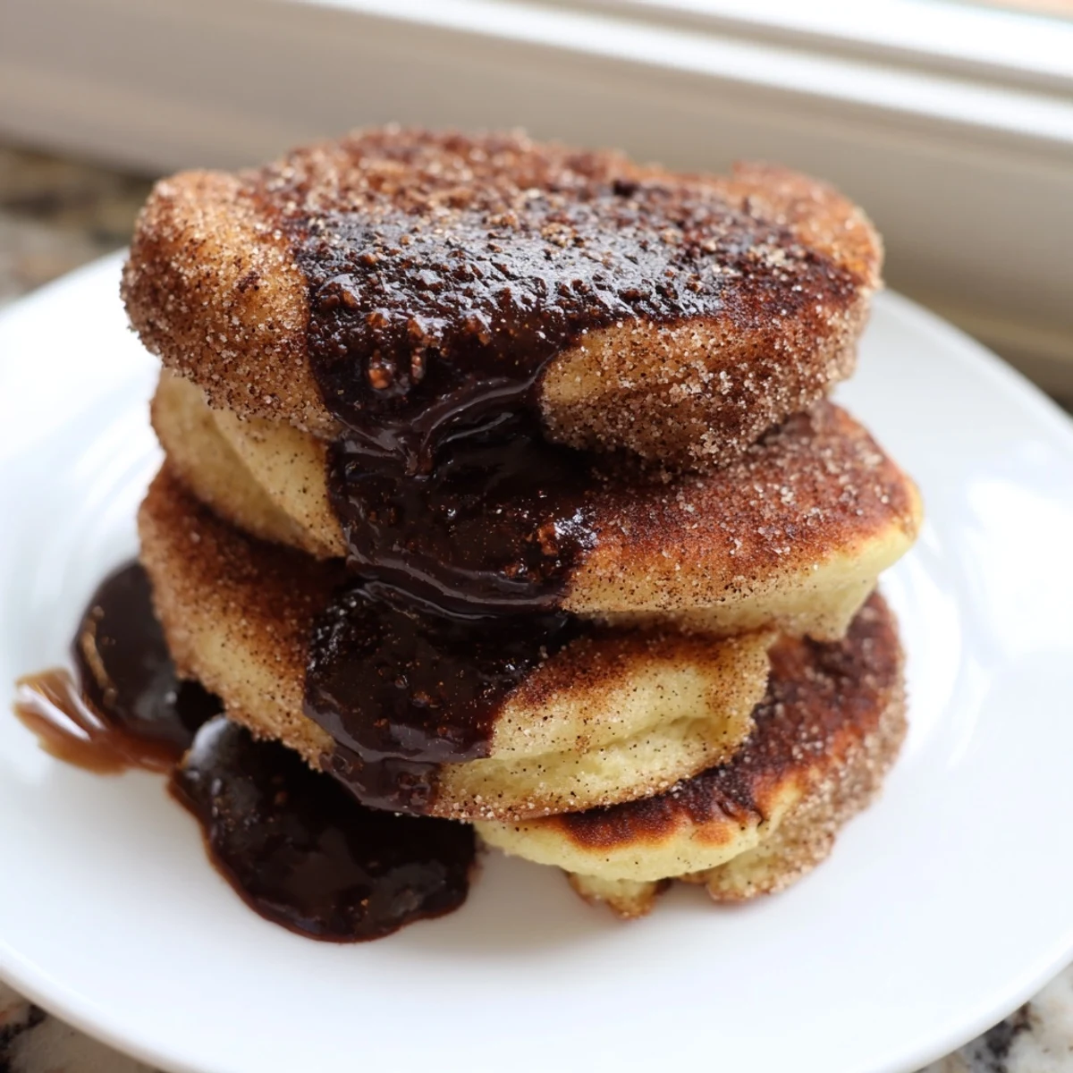 Golden Spanish Churro Pancakes stacked high with rich chocolate sauce drizzled on top