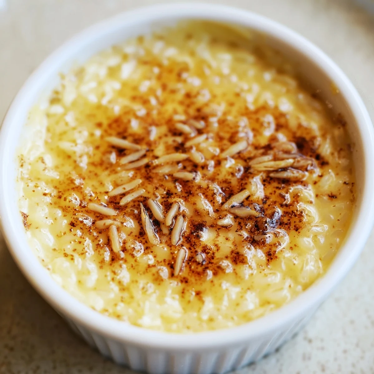 Creamy Portuguese rice custard in white ramekins topped with golden cinnamon sugar sprinkled generously