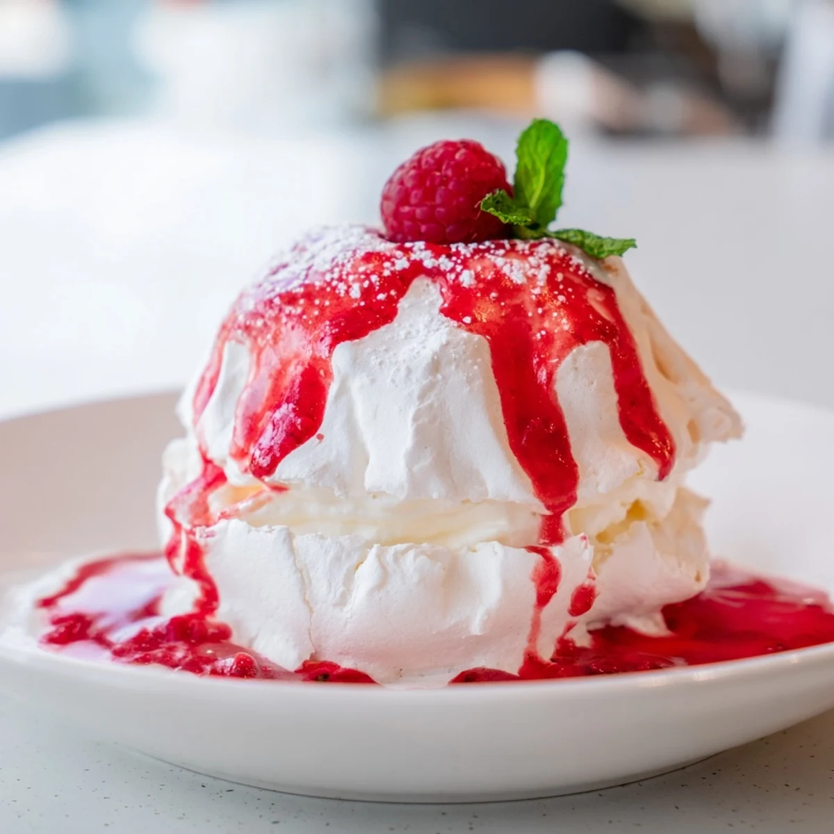 Crisp Pavlova bombs with pillowy cream centers drizzled in vibrant ruby raspberry coulis
