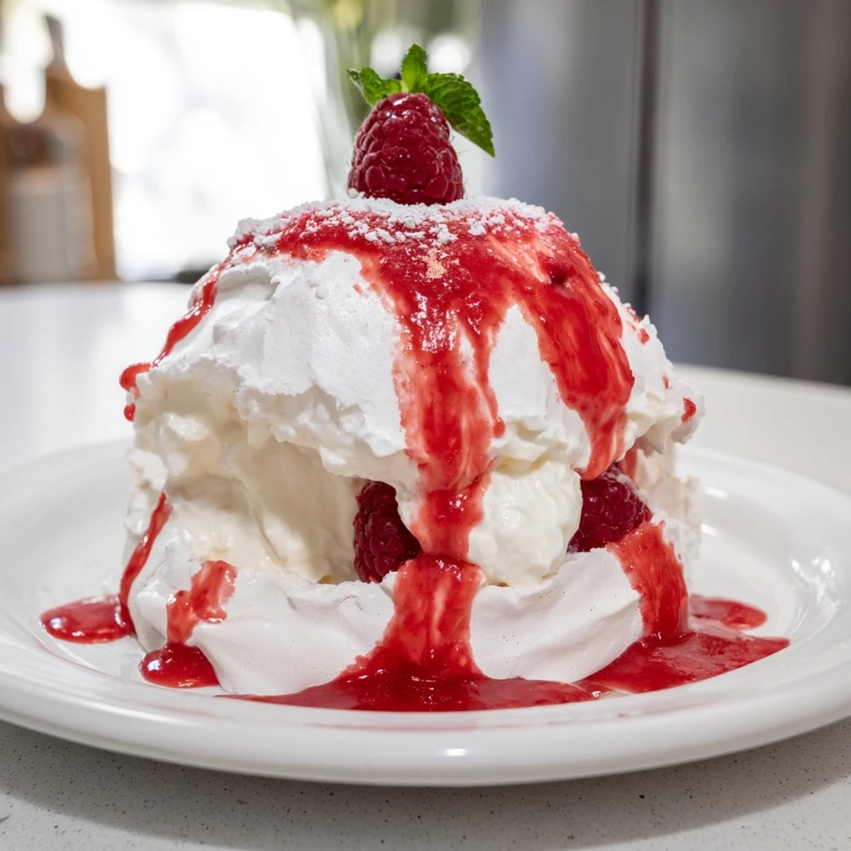 Golden meringue Pavlova bombs topped with fluffy whipped cream and tangy berry sauce