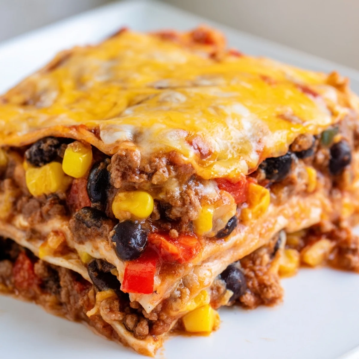 Golden melted cheese tops this Mexican lasagna with layers of seasoned beef and beans