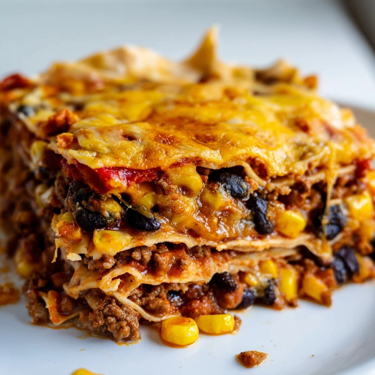 Layers of tortillas, spicy beef, and melted cheese in this bubbling Mexican lasagna