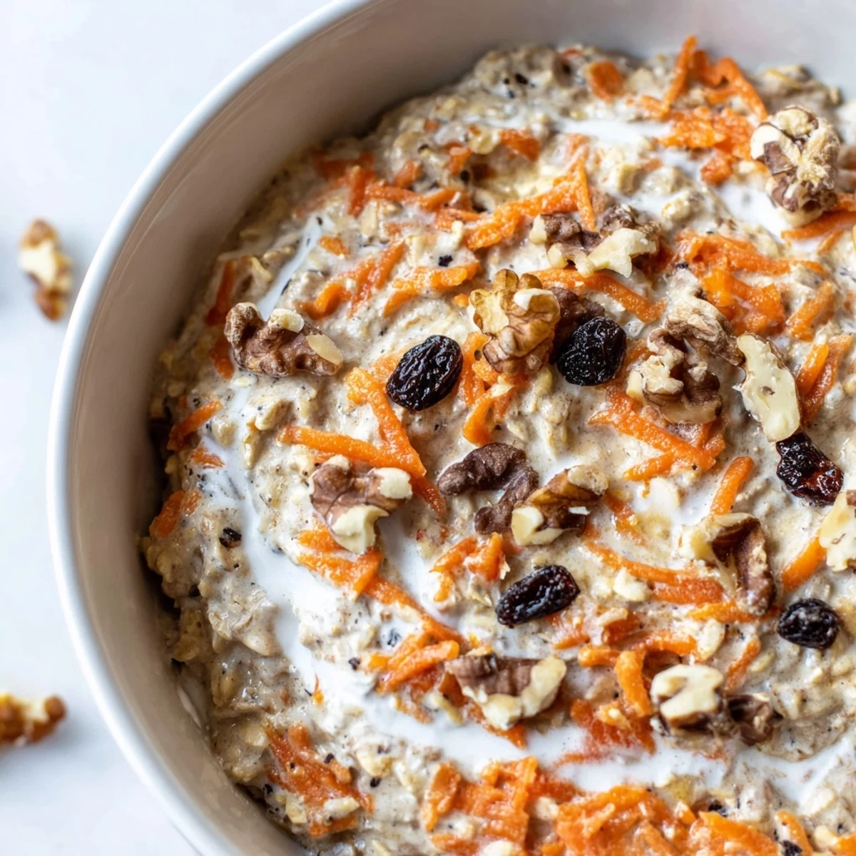 Carrot Cake Overnight Oats in a glass jar topped with chopped walnuts and a sprinkle of cinnamon