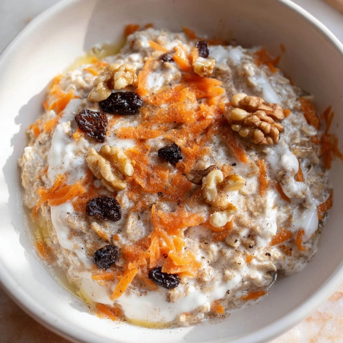 Creamy Carrot Cake Overnight Oats served chilled with grated carrots, raisins, and crunchy pecan garnish