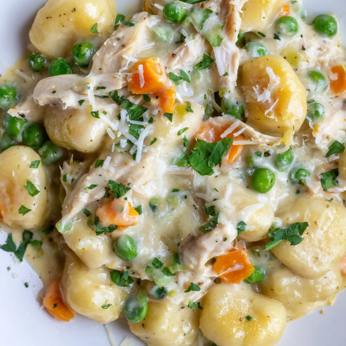 Creamy one pot gnocchi chicken pot pie with tender vegetables in golden savory sauce