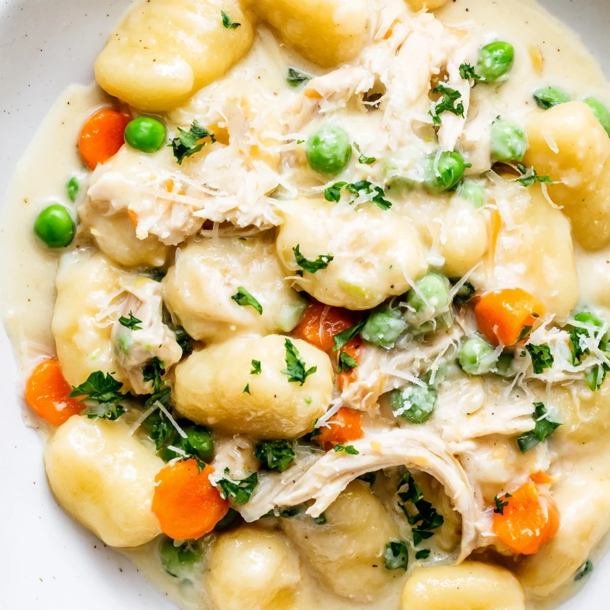 Hearty one pot gnocchi chicken pot pie topped with fresh parsley garnish
