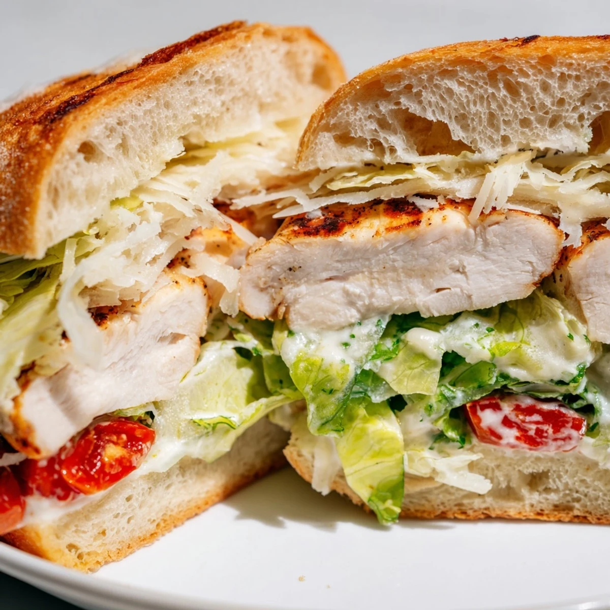 Grilled Chicken Caesar Sandwich with crisp romaine and creamy dressing on golden toasted ciabatta