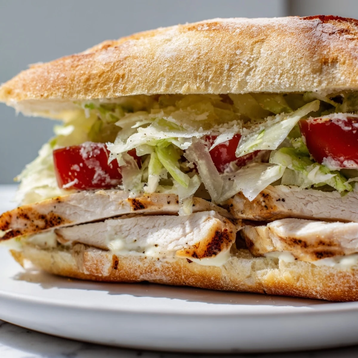 Juicy sliced chicken and shredded lettuce top this hearty Chicken Caesar Sandwich on crusty bread