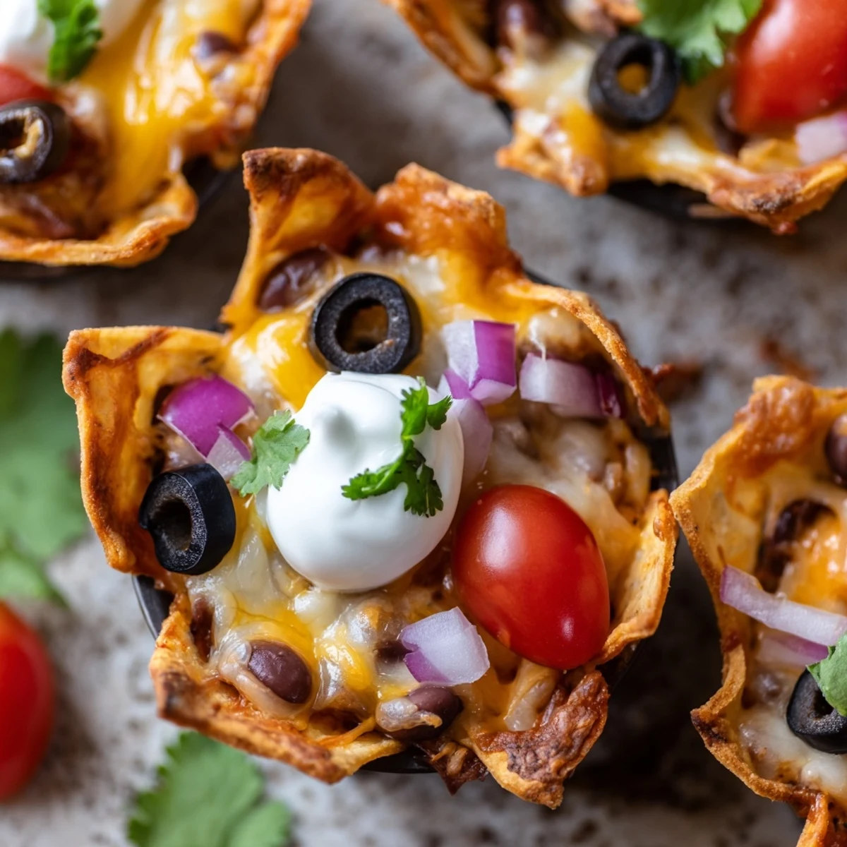 Golden cheesy nacho cups bubbling with melted cheddar and colorful fresh toppings in muffin tin