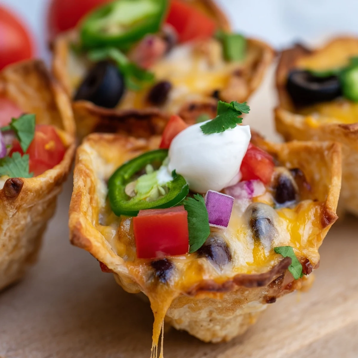 Crispy tortilla cups overflowing with gooey cheese beans tomatoes and jalapeños perfect for parties