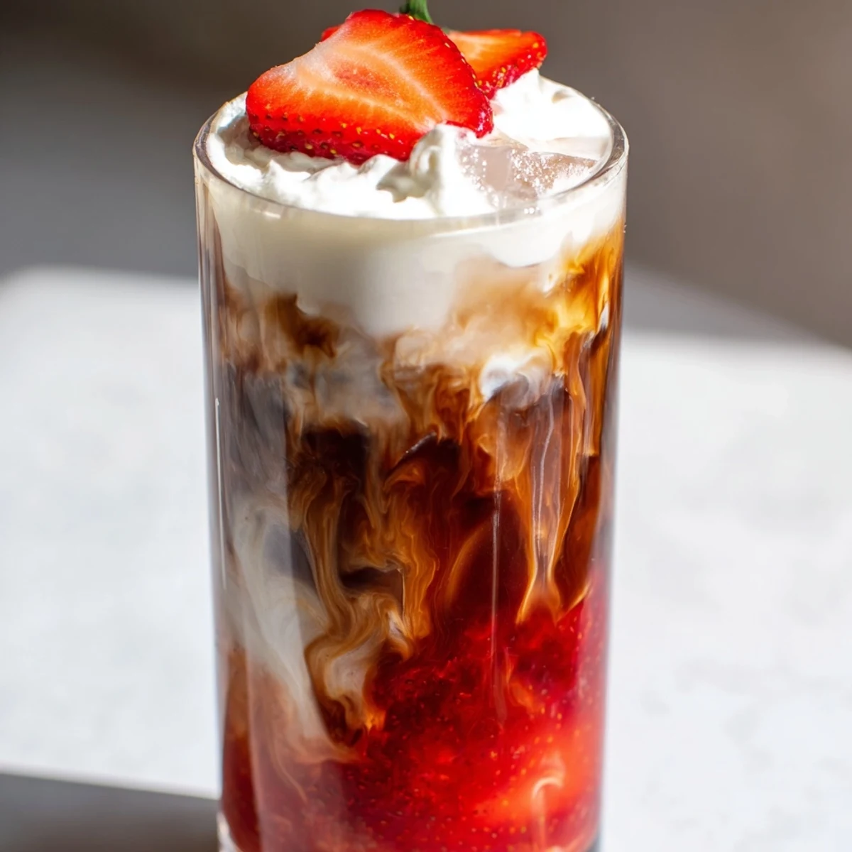 Creamy strawberry latte served over ice with rich espresso and fresh berry garnish