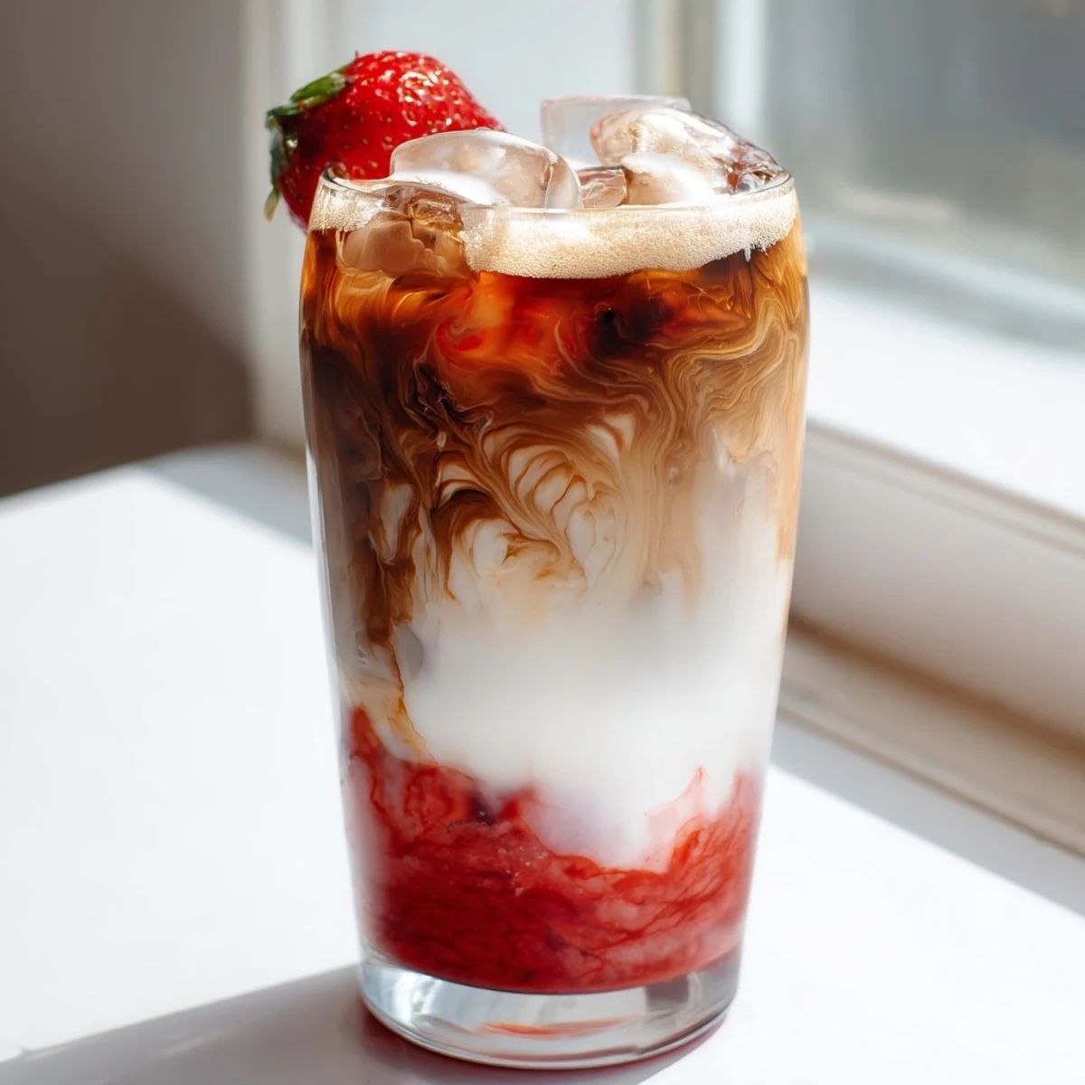 Strawberry cream cold latte in tall glass with swirled pink layers and whipped topping
