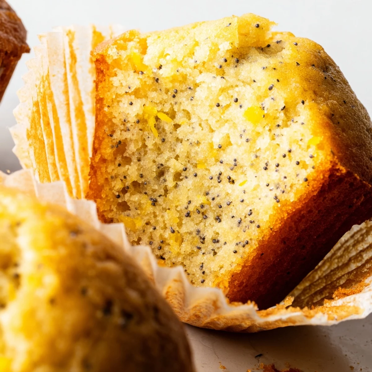 Moist lemon poppy seed muffins studded with tiny black seeds beside a bowl of zest
