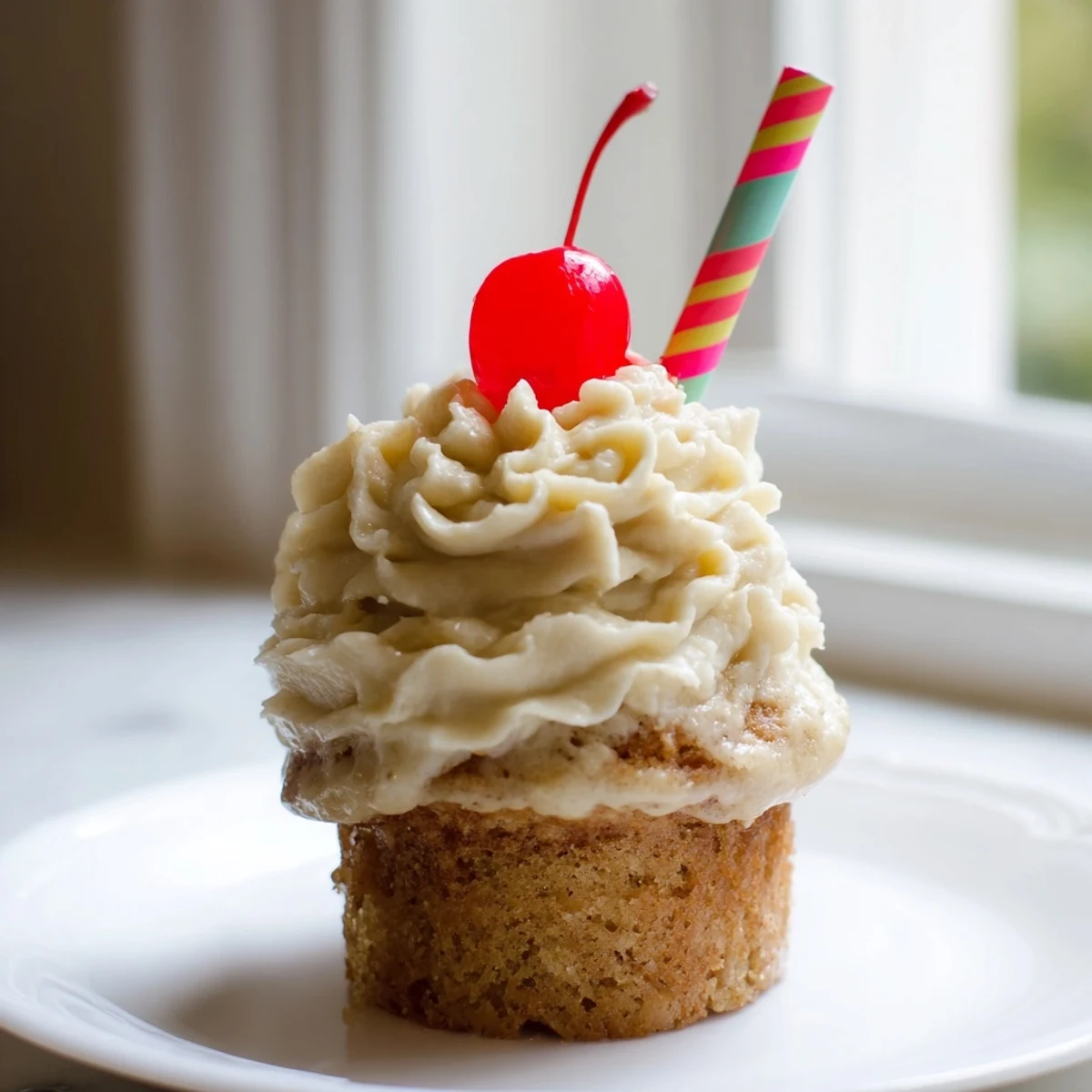 Golden banana milkshake cupcakes topped with creamy vanilla frosting and bright red maraschino cherries.