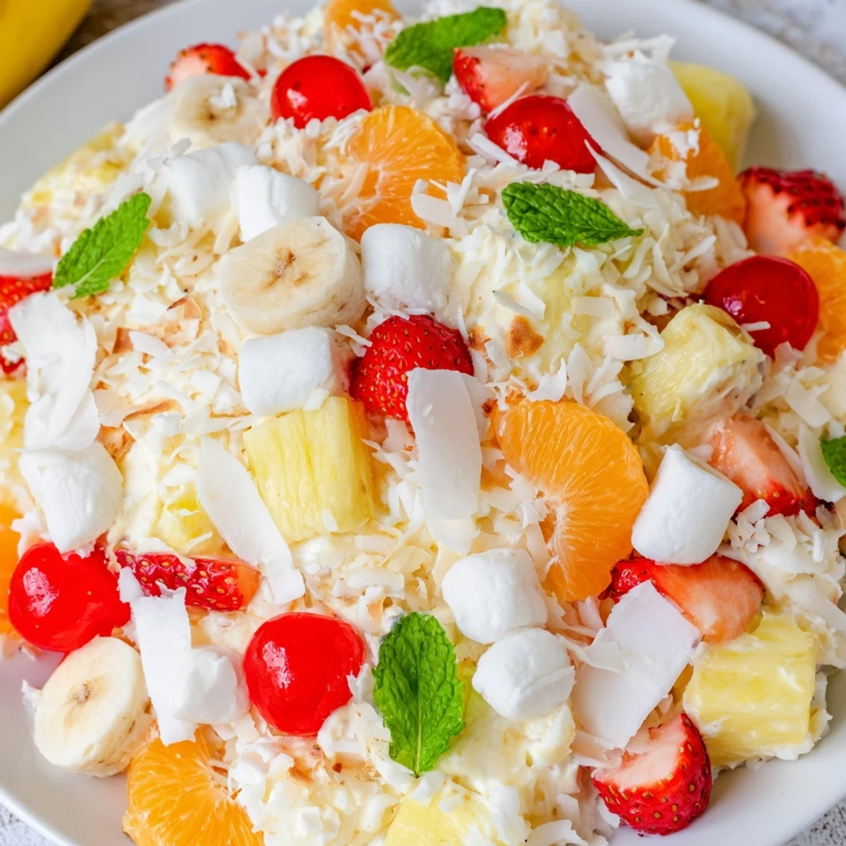 Creamy Hawaiian Cheesecake Salad loaded with tropical fruits in a fluffy cheesecake dressing
