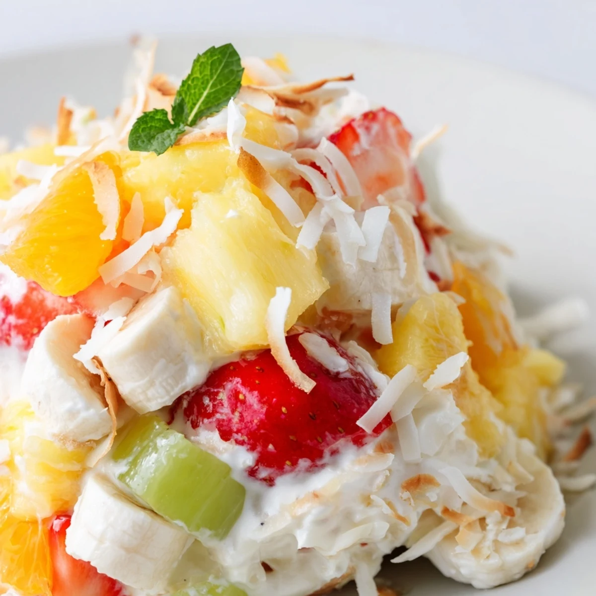 Vibrant Hawaiian Cheesecake Salad featuring strawberries, pineapple, and mandarins in smooth cream