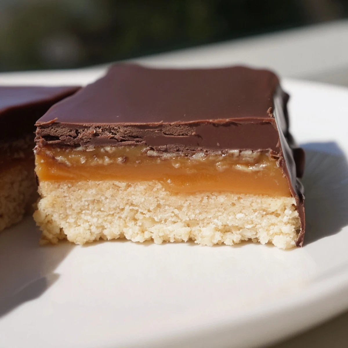 Golden Healthy Twix Bars layered with date caramel and dark chocolate on a rustic plate