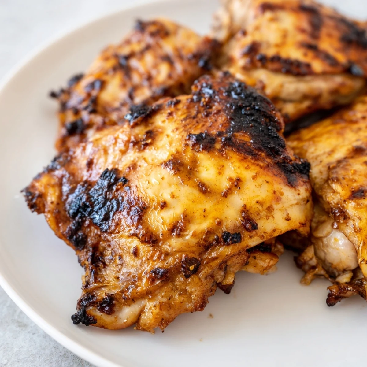 Golden crispy chicken thighs with caramelized marinade glaze on a rustic serving platter