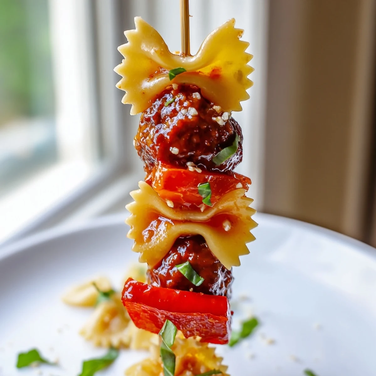 Colorful bowtie pasta and cocktail meatball skewers draped in sticky barbecue glaze on platter