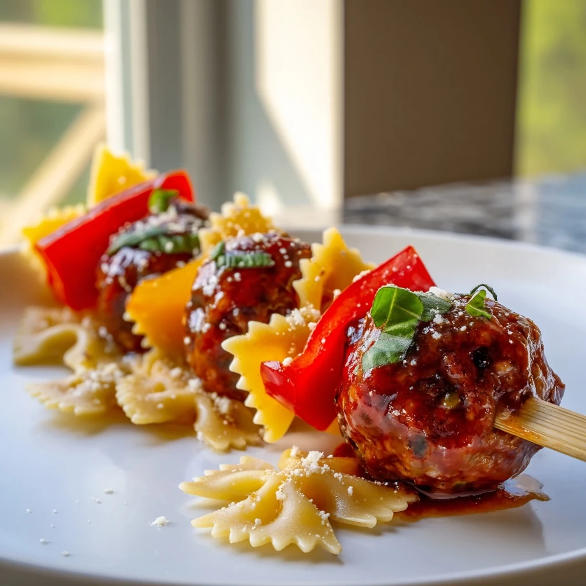 Skewers featuring bowtie pasta and cocktail meatballs threaded with red peppers and grape tomatoes