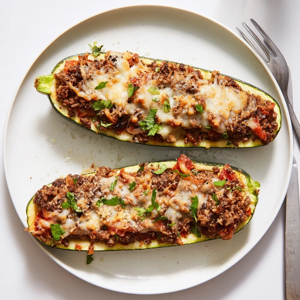 Golden baked stuffed zucchini boats with ground beef and melted mozzarella on a rustic plate