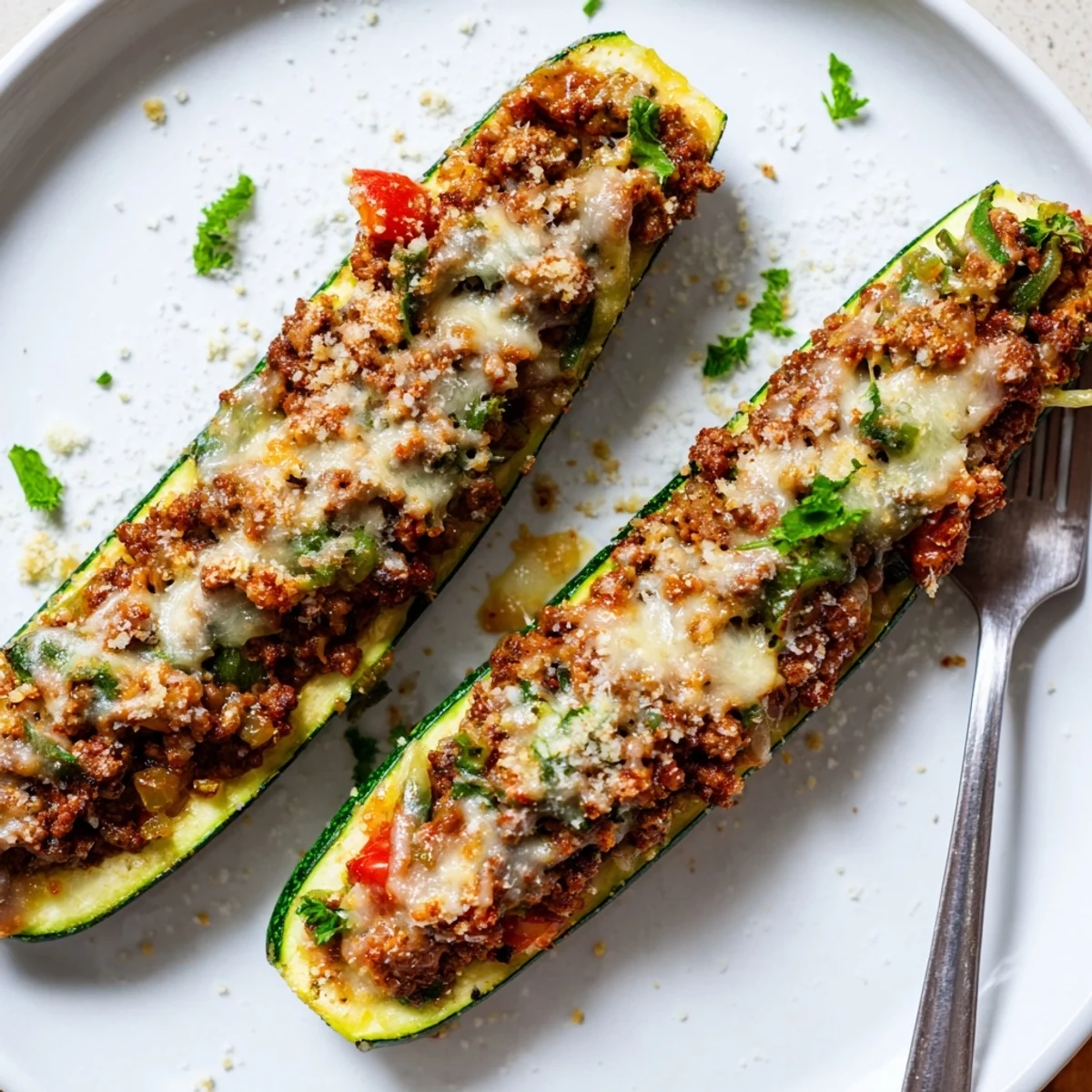 Tender zucchini boats filled with seasoned ground beef and tomatoes under a crispy cheese layer