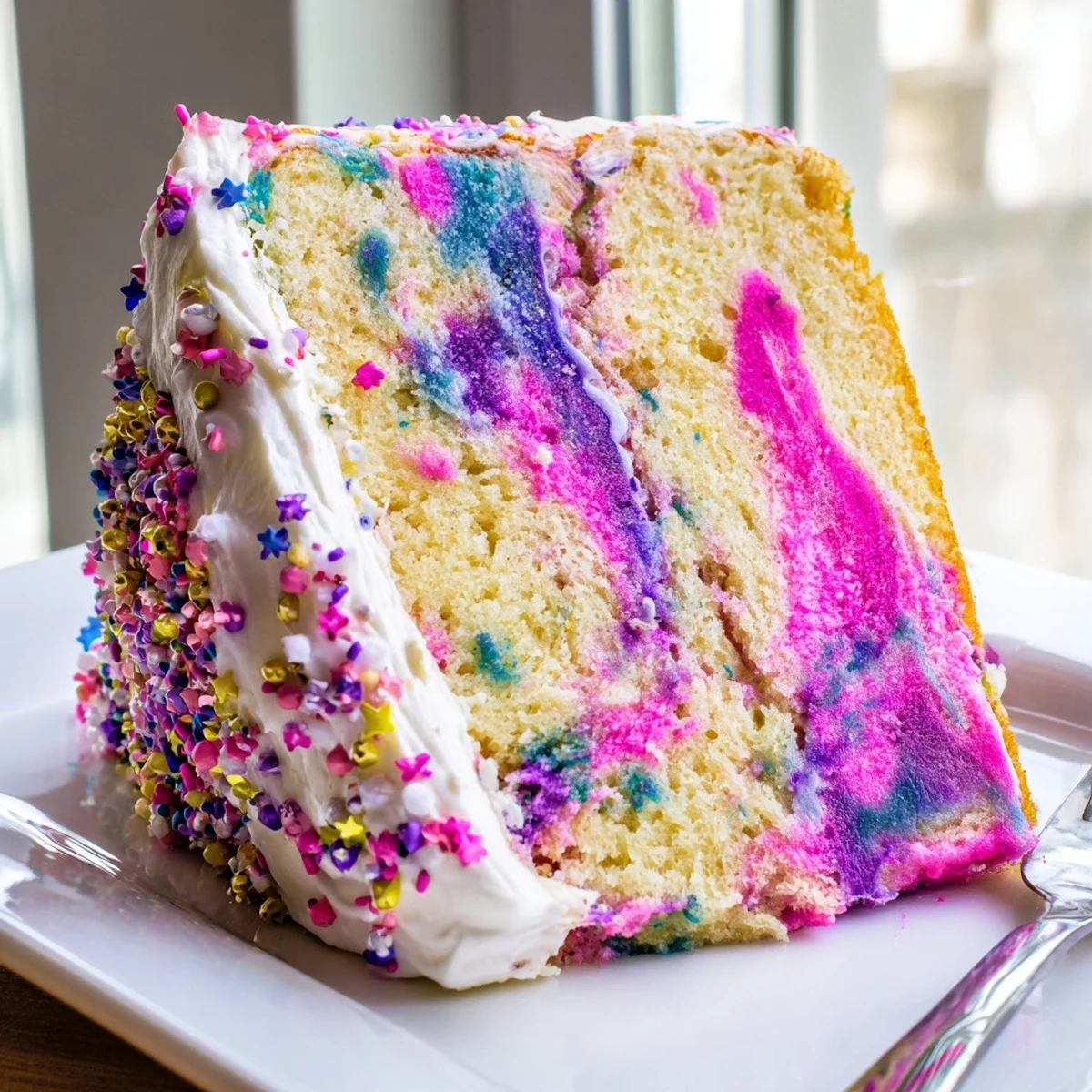 A slice of Unicorn Poke Cake reveals vibrant rainbow pudding stripes beneath fluffy whipped topping