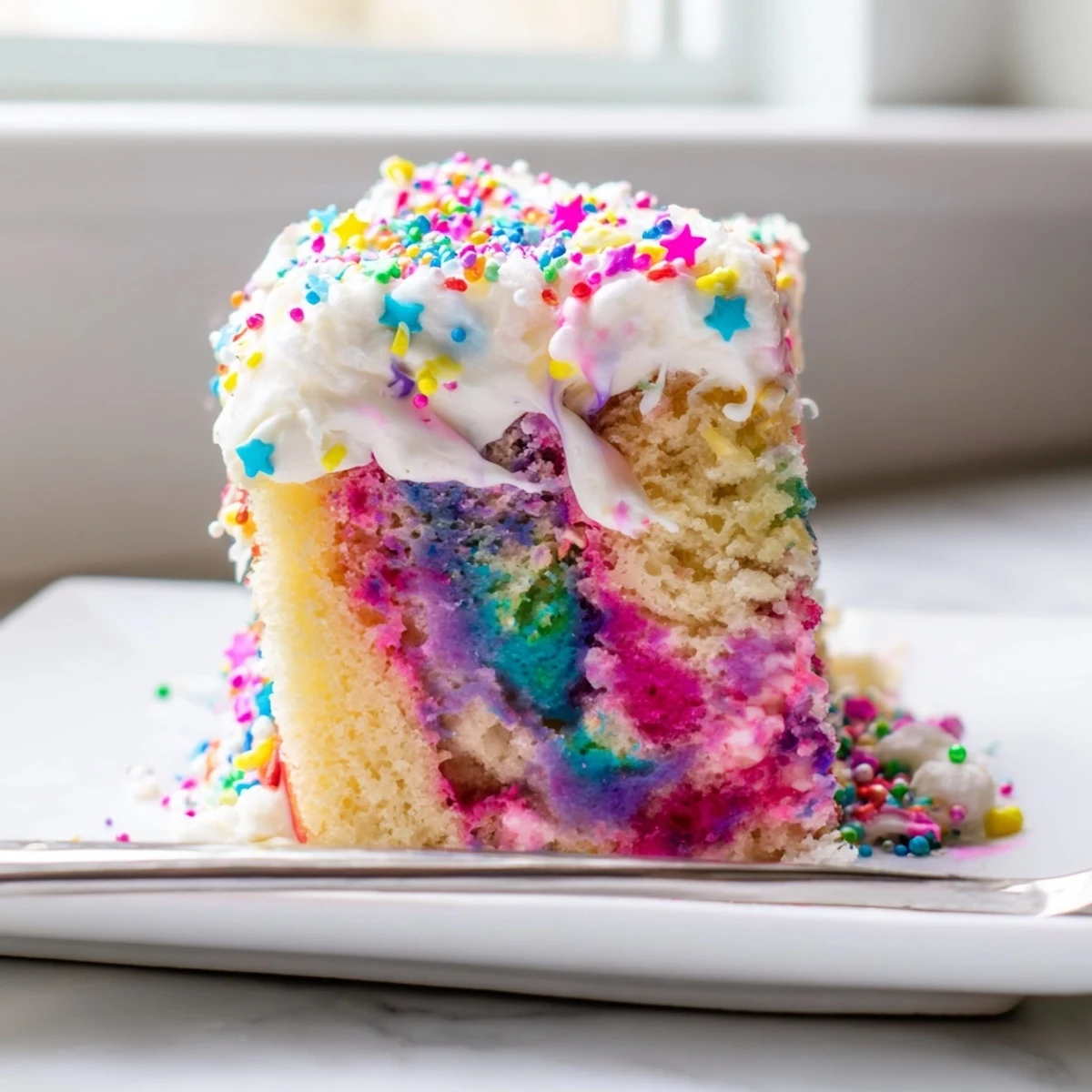 Fork cutting into Unicorn Poke Cake shows bright pink purple blue and yellow pudding swirls