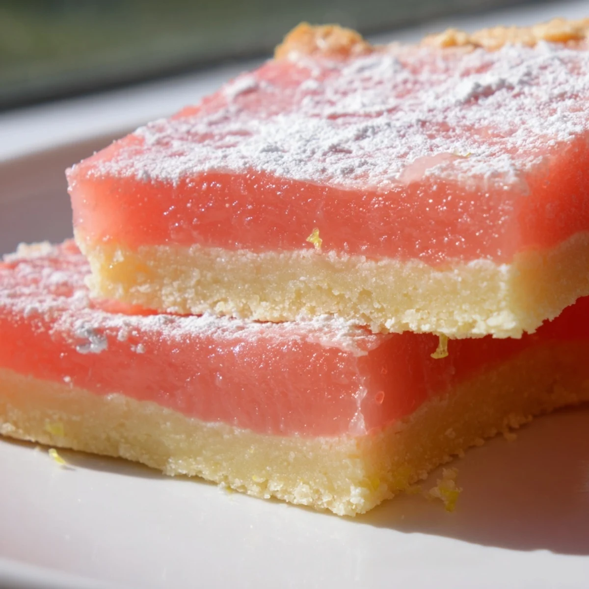 Golden grapefruit bars with tangy pink custard atop a buttery shortbread crust