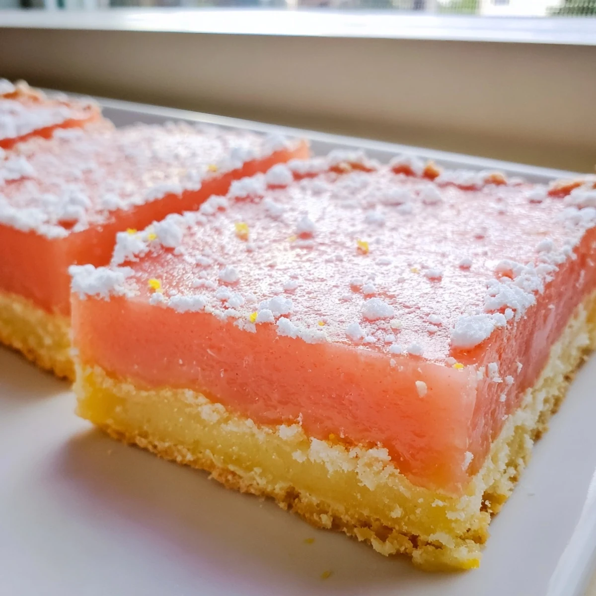 Bright citrus grapefruit bars dusted with powdered sugar on a rustic plate