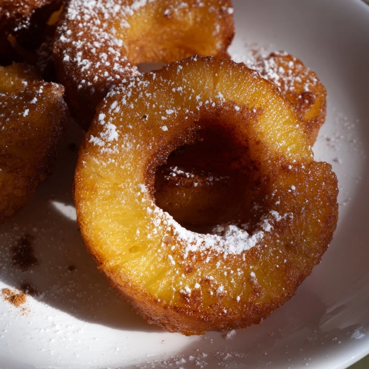Golden fried pineapple rings dusted with powdered sugar on a rustic white plate