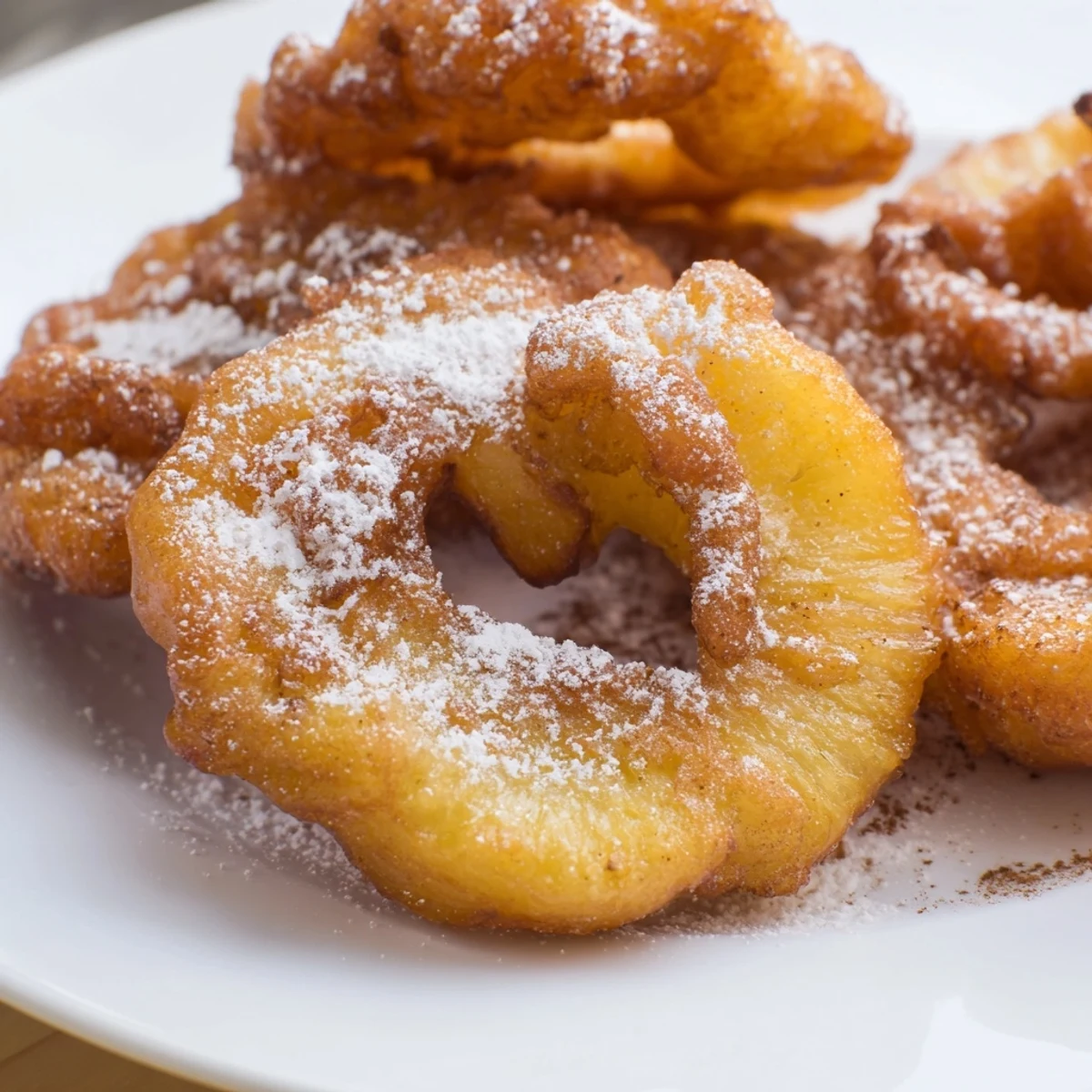 Crispy battered fried pineapple rings drizzled with warm caramel sauce served warm