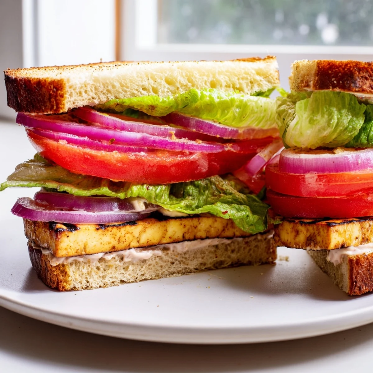 Golden smoky TLT sandwich stacked with crisp lettuce and ripe tomato slices on toasted sourdough bread