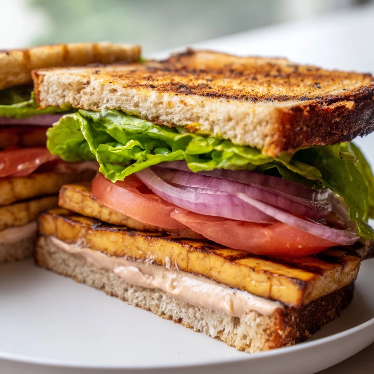 Crisp lettuce and chargrilled smoky tofu layered inside a fresh summer TLT sandwich cut in half