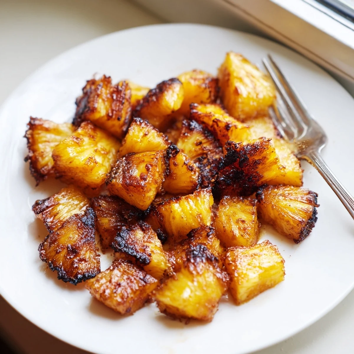Golden air fryer pineapple chunks with caramelized edges served warm in a bowl