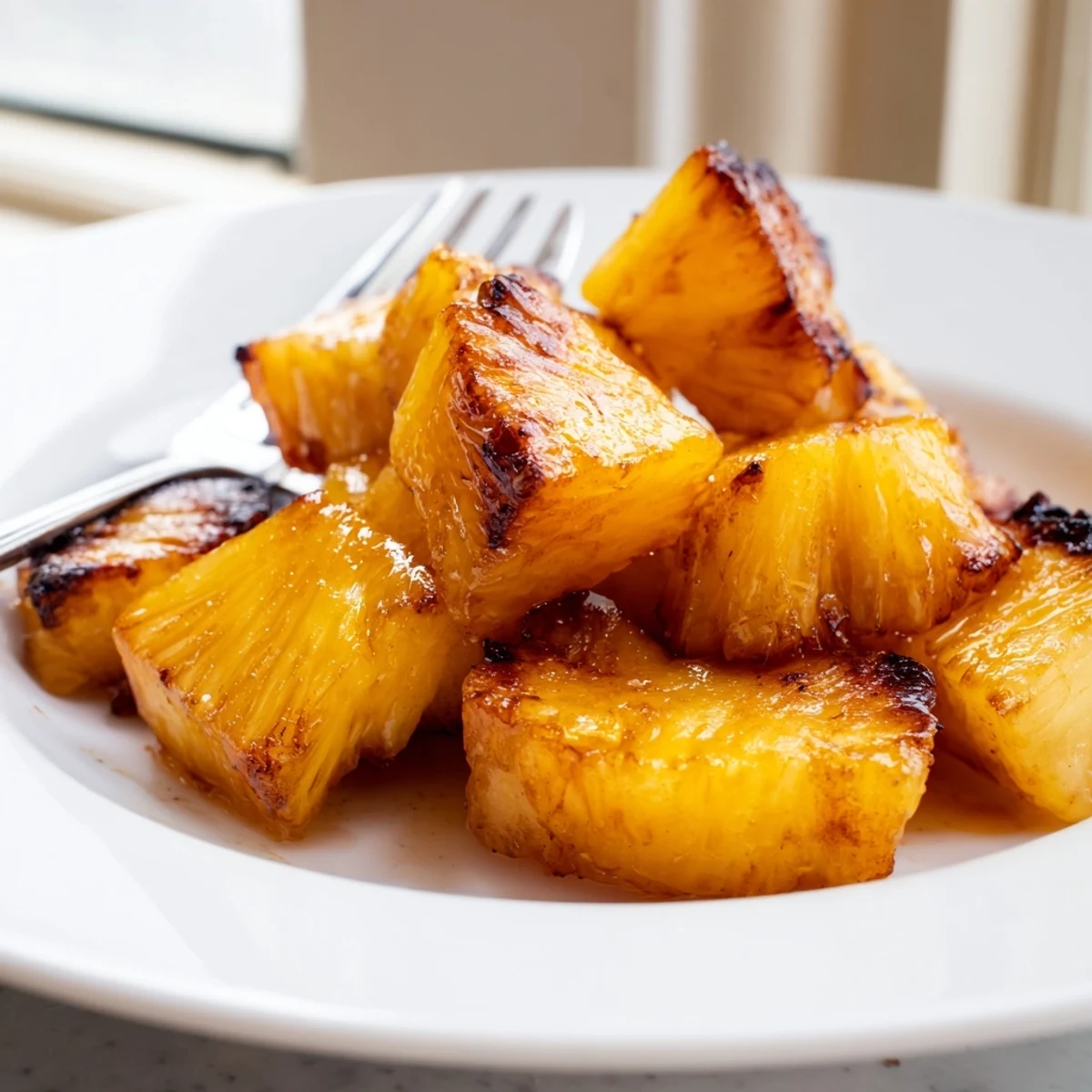 Cinnamon-dusted air fryer pineapple chunks glistening with sweet caramelized golden brown edges
