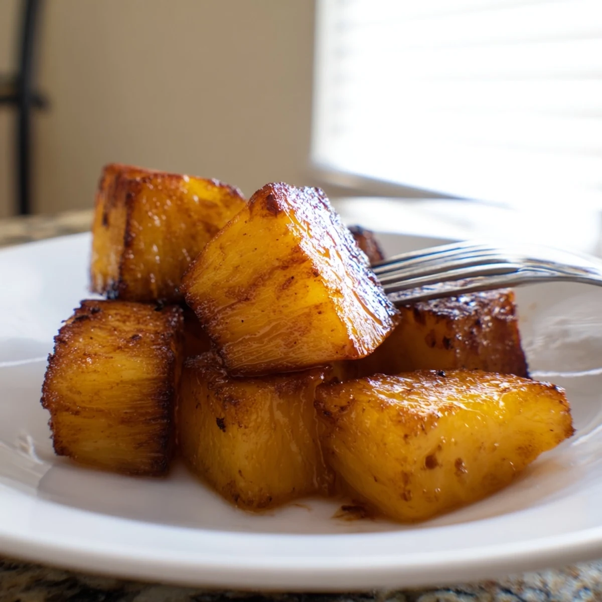 Air fryer pineapple chunks arranged on a plate as a vibrant tropical snack