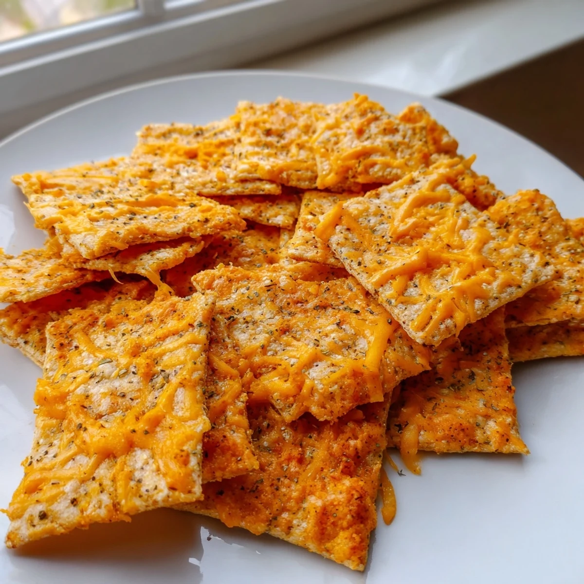 Crunchy taco crackers arranged on a rustic board beside creamy guacamole dip