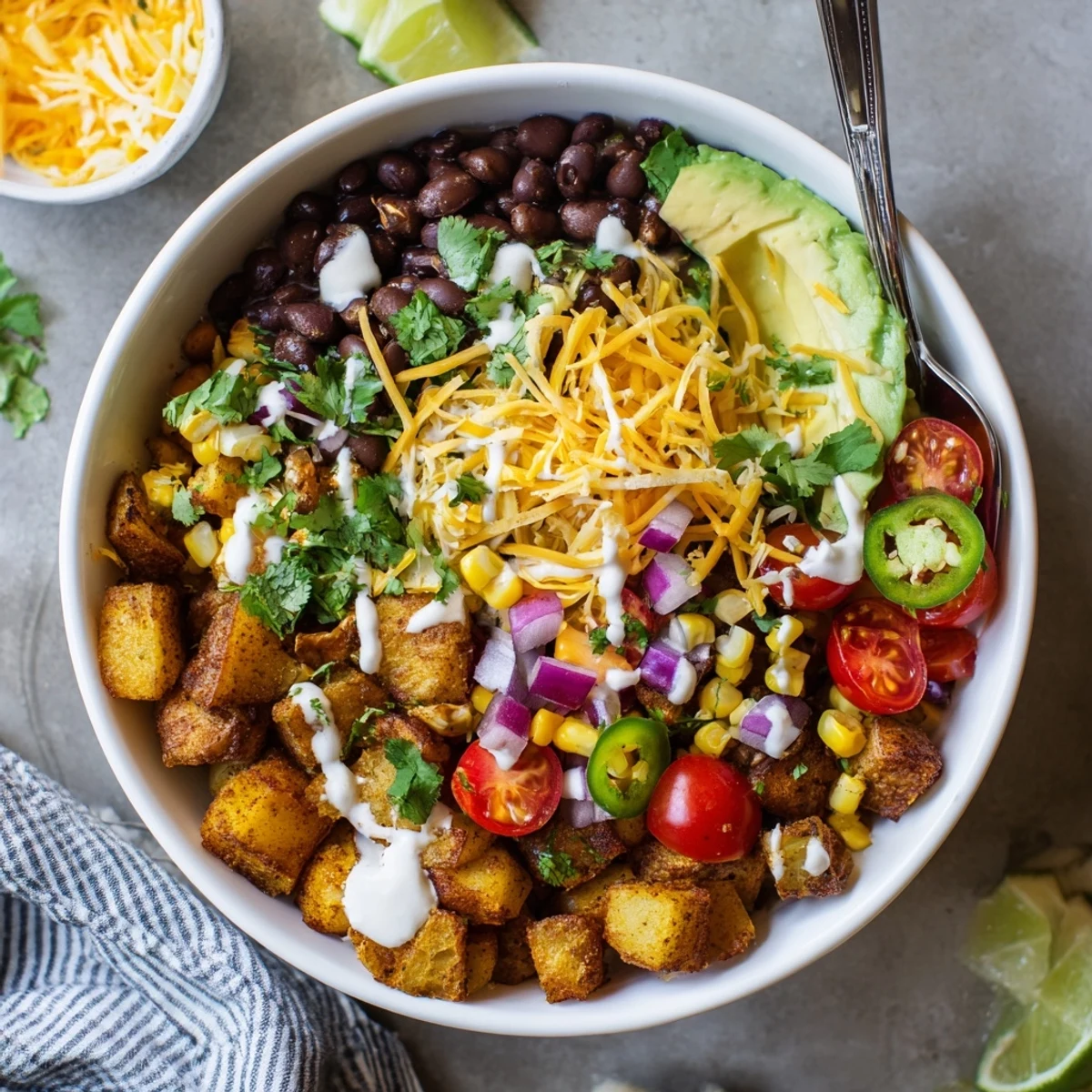 Golden crispy roasted potatoes topped with zesty beans and fresh Tex-Mex garnishes in a loaded fiesta potato bowl