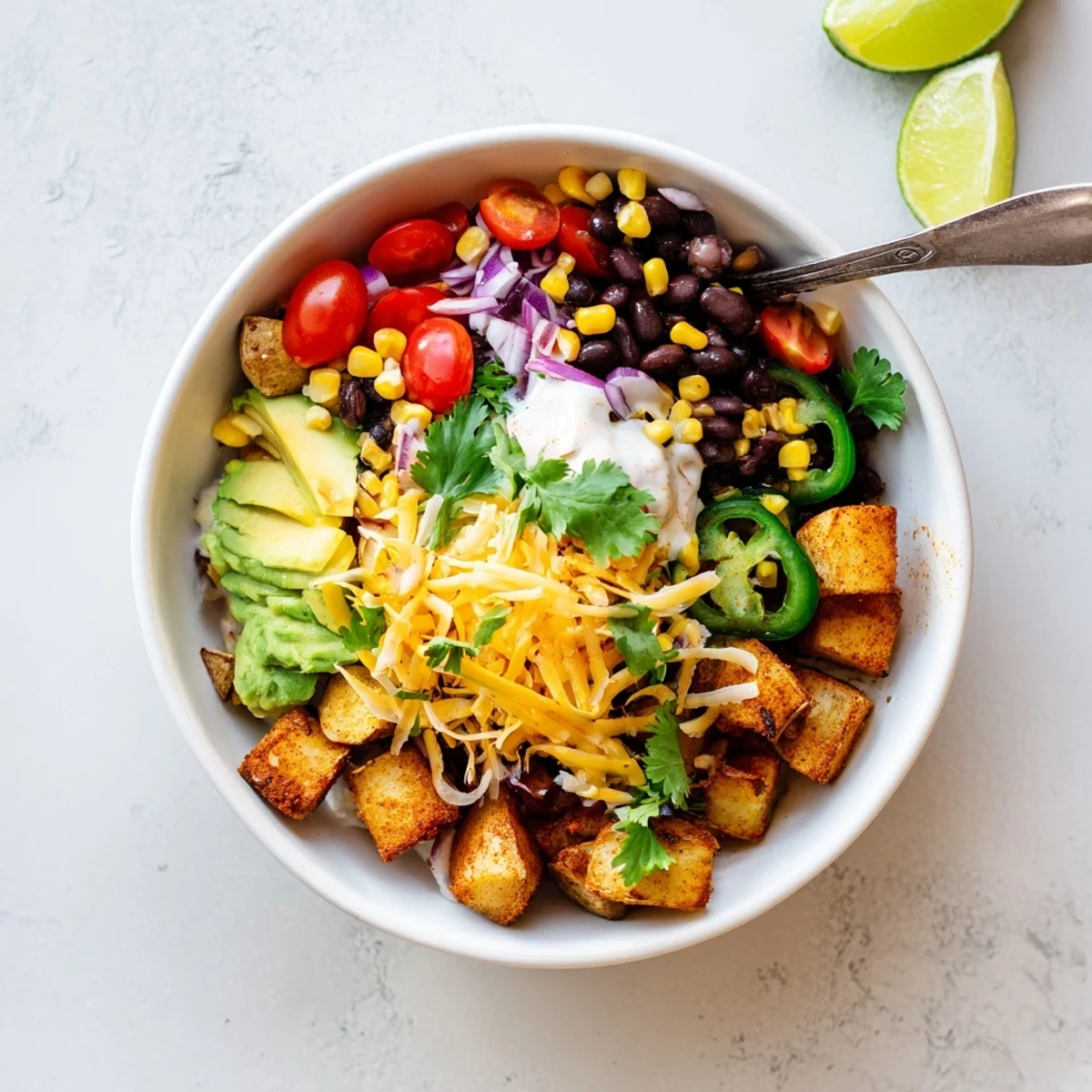 Colorful loaded fiesta potato bowl served with lime wedges cherry tomatoes and sliced jalapeños
