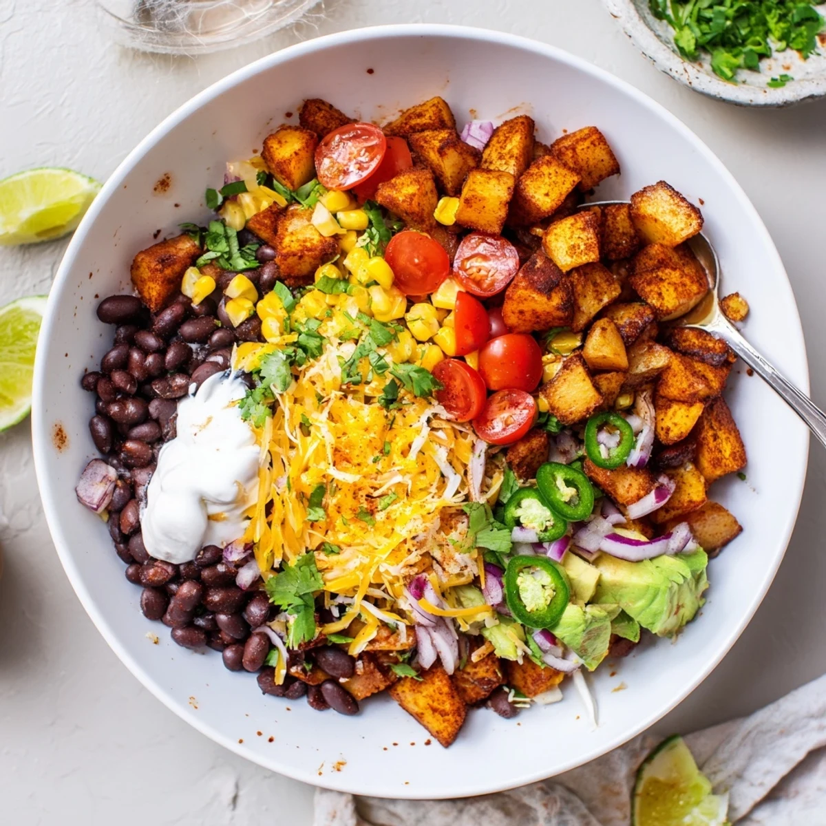 Steamy loaded fiesta potato bowl drizzled with sour cream over melted cheddar and diced avocado