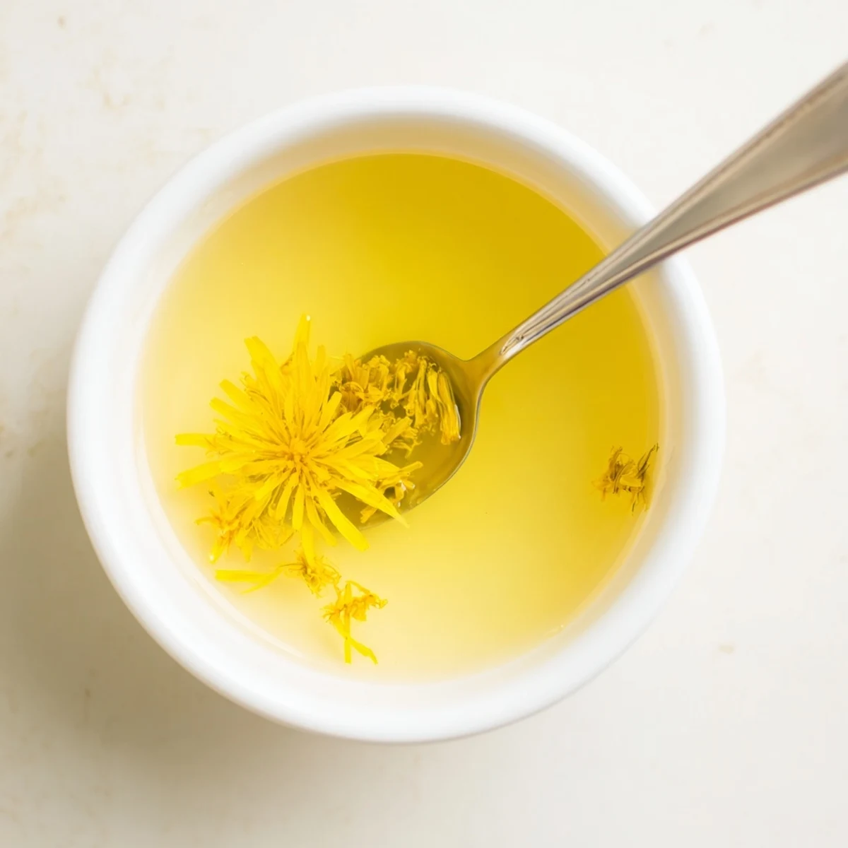 Golden homemade fresh dandelion jelly spooned onto a slice of toasted bread