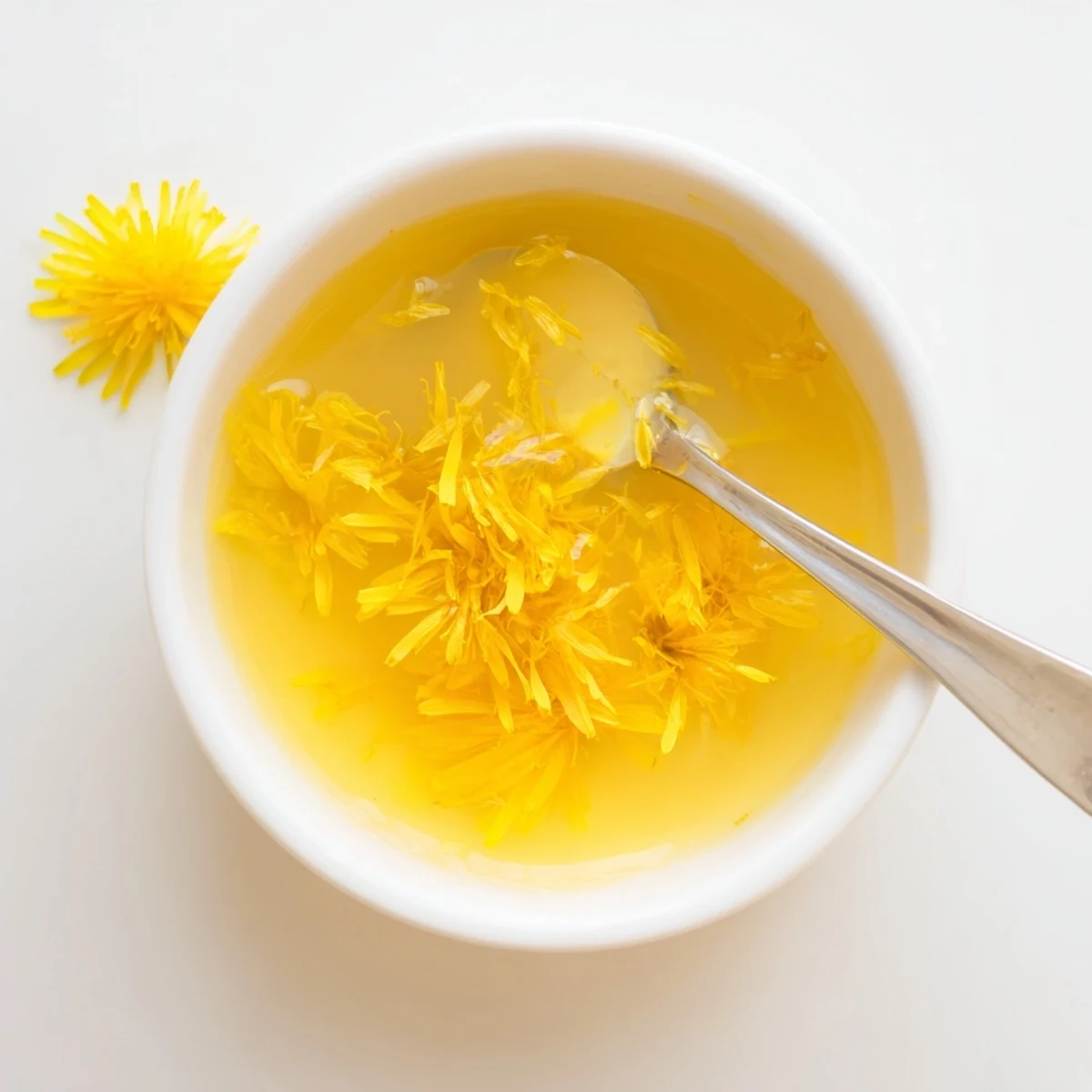 Homemade fresh dandelion jelly pooled beside a scone and soft cheese