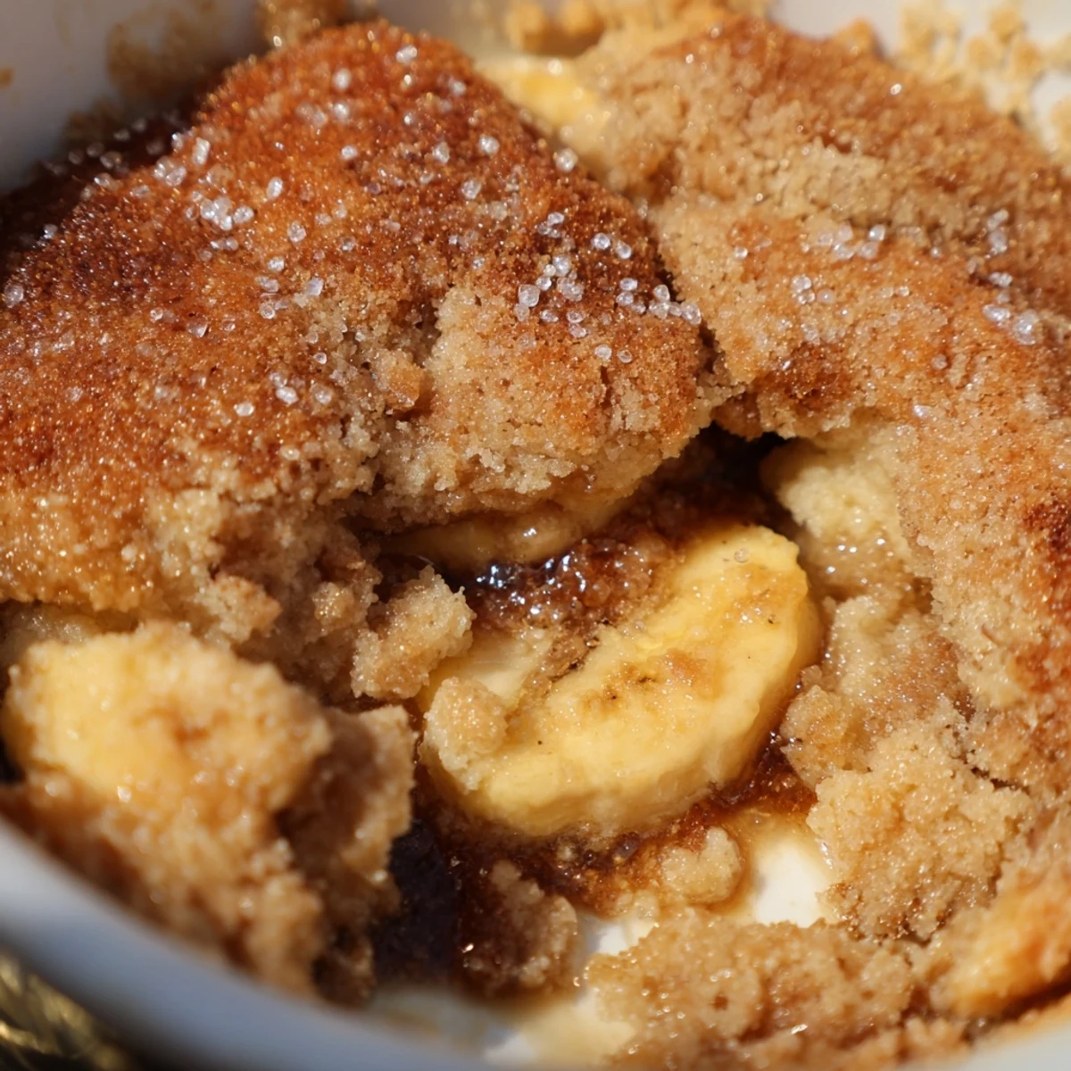 Warm Southern banana cobbler served in a dish with melting vanilla ice cream