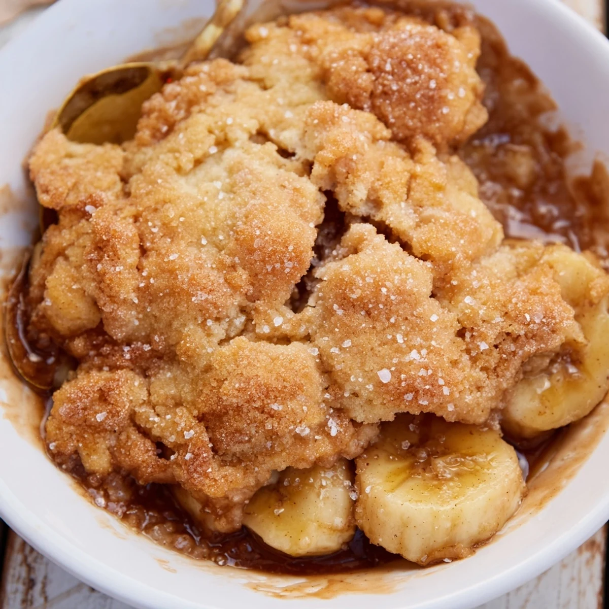Baked Southern banana cobbler with a crunchy sugar-topped biscuit layer and ripe slices
