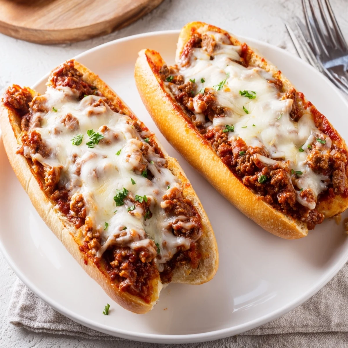 Buttery Garlic Bread Sloppy Joes oozing cheesy beef filling, served hot.