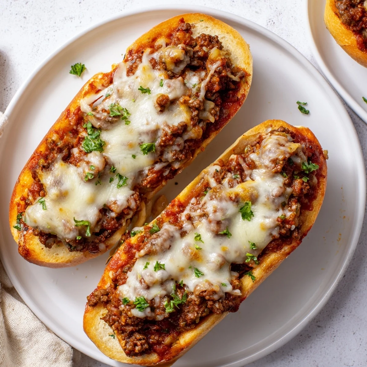 Toasted halves of Garlic Bread Sloppy Joes piled on a rustic board.