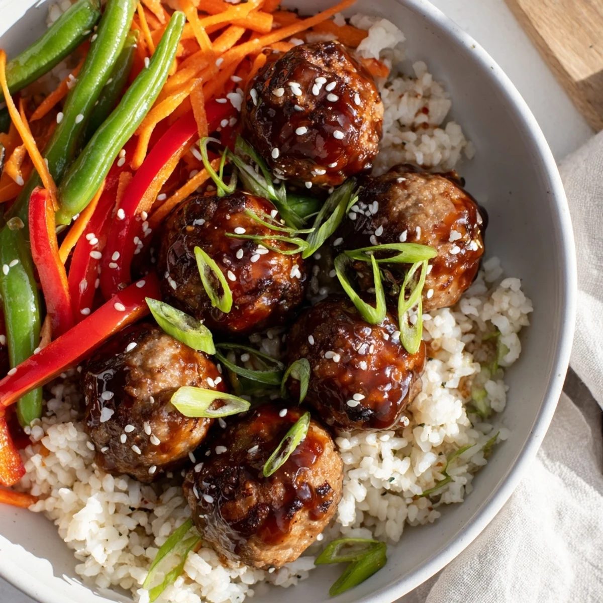 Hello Fresh Firecracker Meatballs glazed in glossy spicy sauce over fluffy jasmine rice